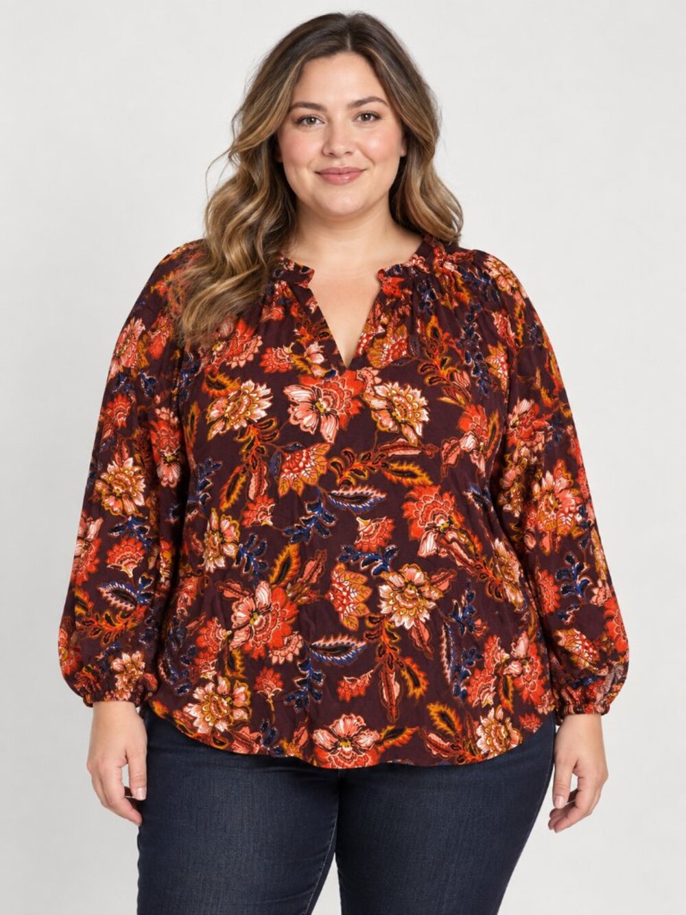 Old Navy XL Burgundy Floral Boho Split Neck Blouse